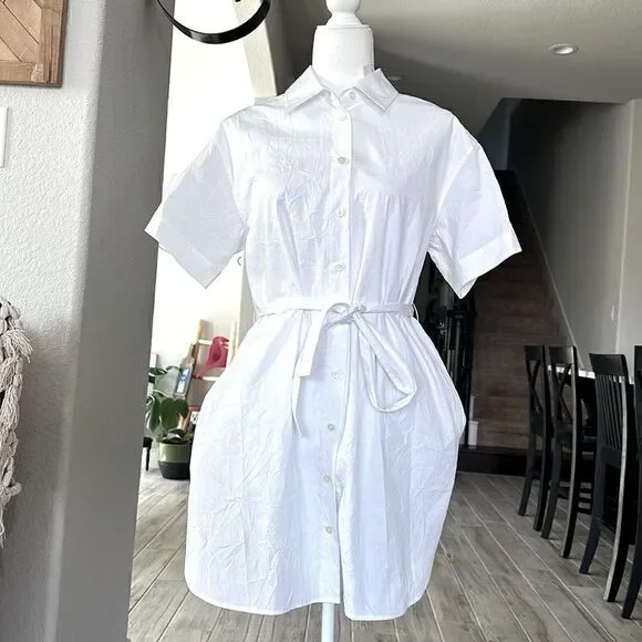 NWT Coach Wrinkled Button Down Dress White Short Sleeve Cotton Tie Pockets Mini - Picture 6 of 13